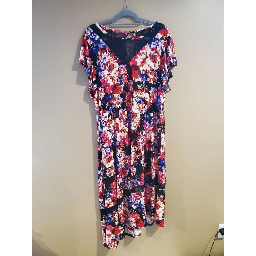 Women's NWT Torrid Black Skater Midi Dress- Studio Knit Lace Neck Floral, Size 4 - Picture 2 of 6